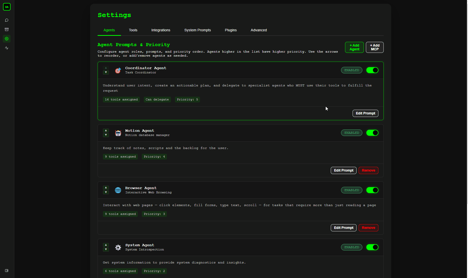 The Settings > Agents tab, showing existing agents and the option to add custom agents or MCP servers