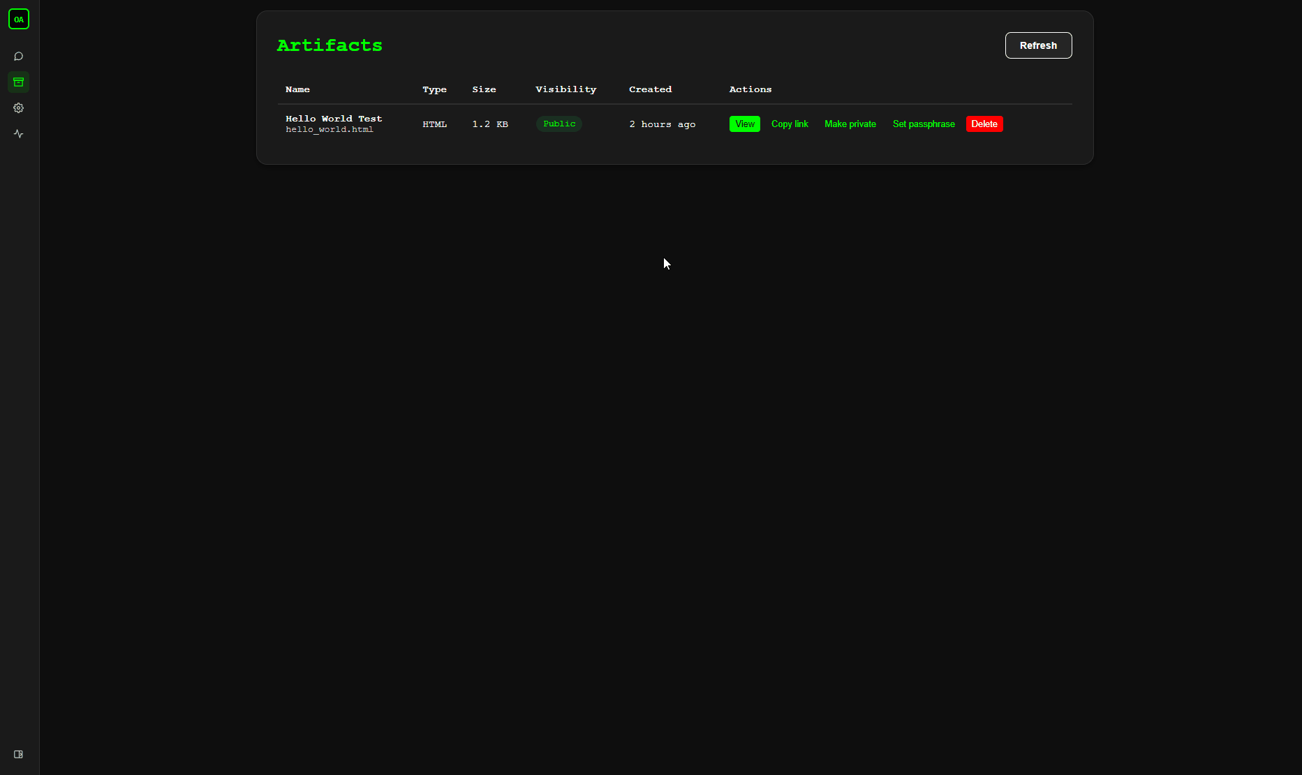 Opening a 'hello world' HTML artifact from the Artifacts tab and viewing it rendered as a page