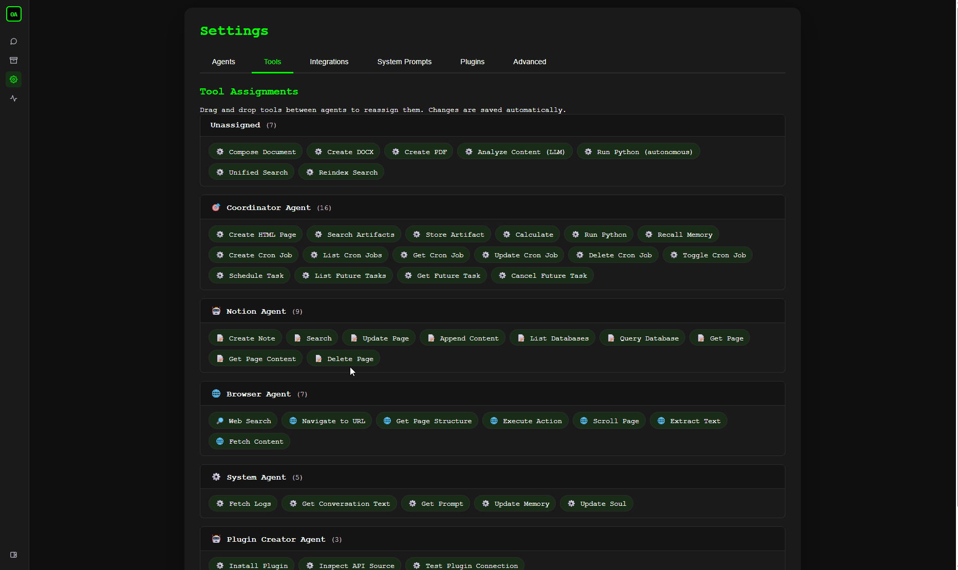 Dragging a Delete Page tool from the Notion agent to Unassigned, revoking that agent's access to it